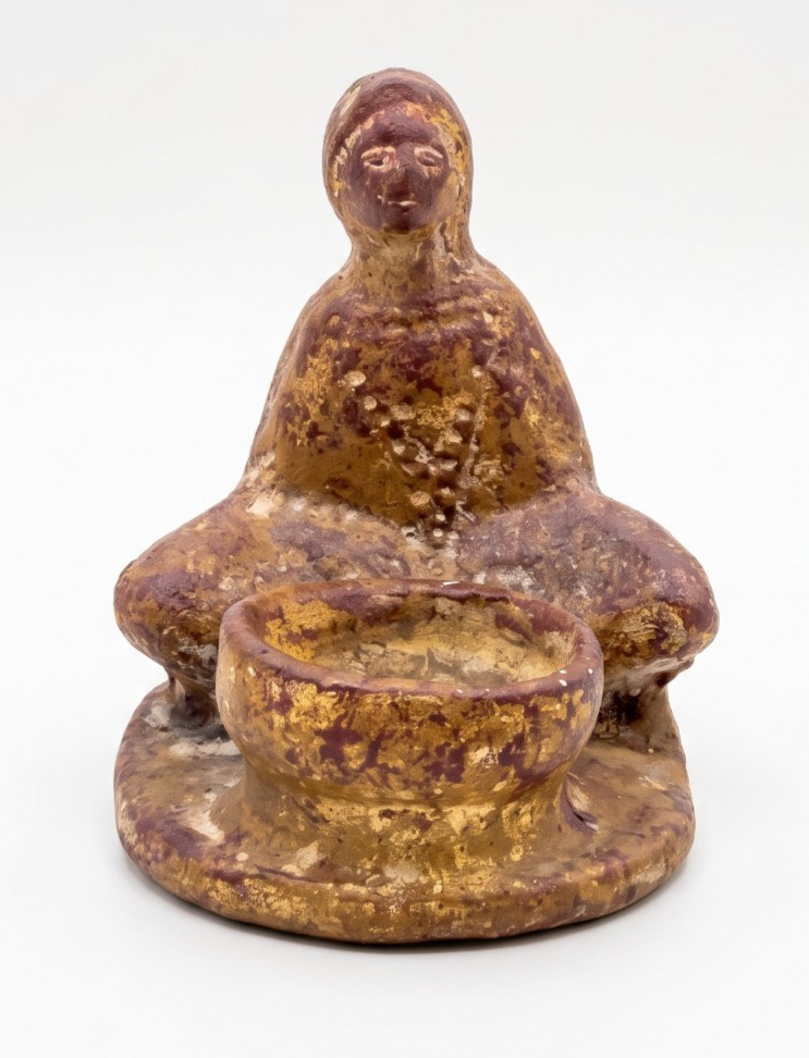Vintage Clay Meditating Figure Tealight Candle Holder Tribal Folk Art Statue 6IN