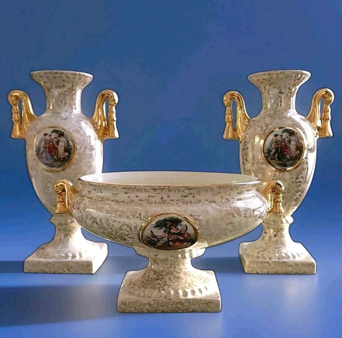 VTG Empire Ware Shelton Ivory 3pc Set Urn Vases & Pedestal Centerpiece Compote 