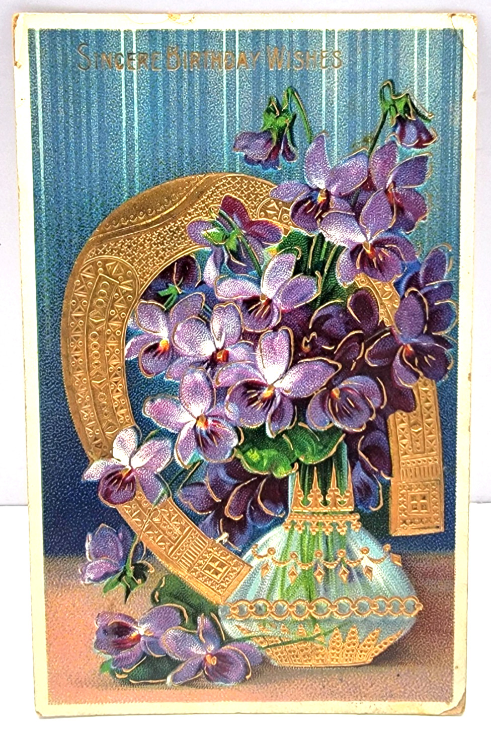 Birthday Violets Gold Horseshoe S Bergman Embossed Germany Antique Postcard