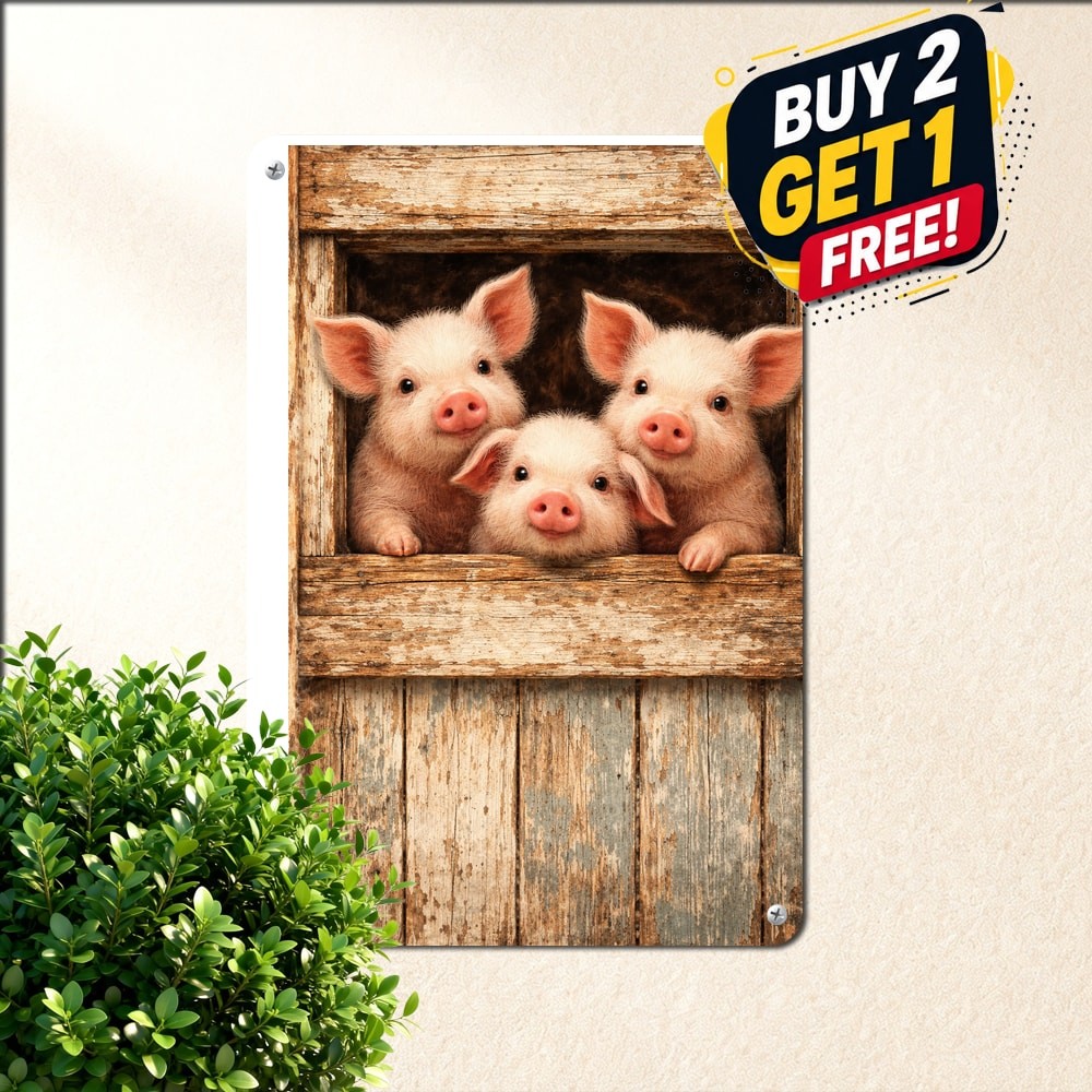 Three Cute Pigs Peeking Farmhouse Art Print Metal Sign Country Kitchen Plaque