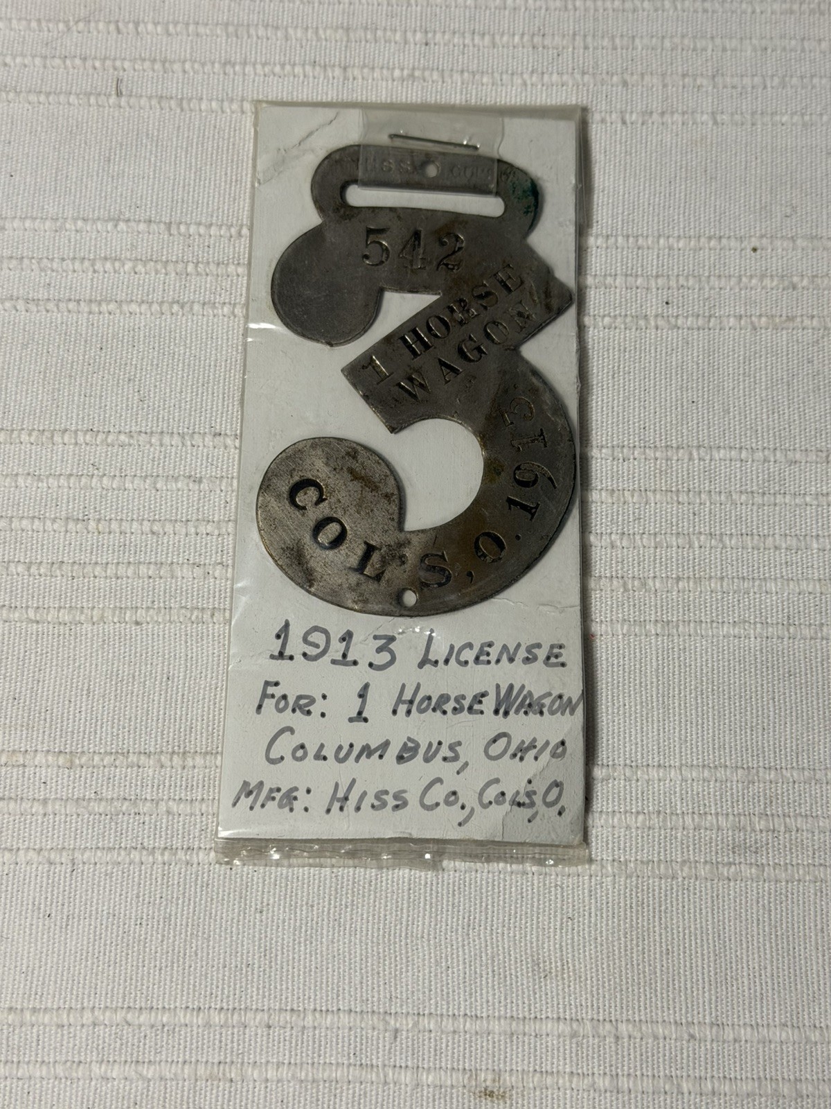 VINTAGE 1913 COLUMBUS OHIO ONE 1 HORSE WAGON HARNESS BRIDAL TAG PLATE #542 VINTAGE 1913 COLUMBUS OHIO ONE 1 HORSE WAGON HARNESS BRIDAL TAG PLATE #542