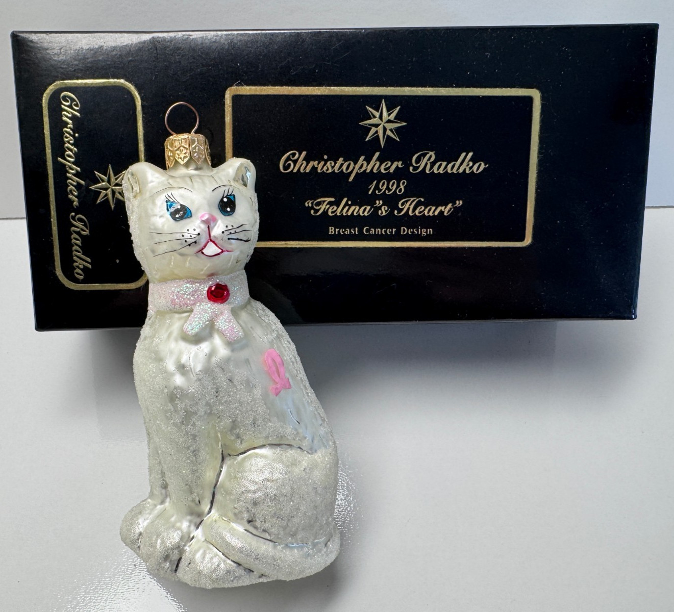 Christopher Radko 1998 Felina\'s Heart pink ribbon breast cancer Ornament w/box