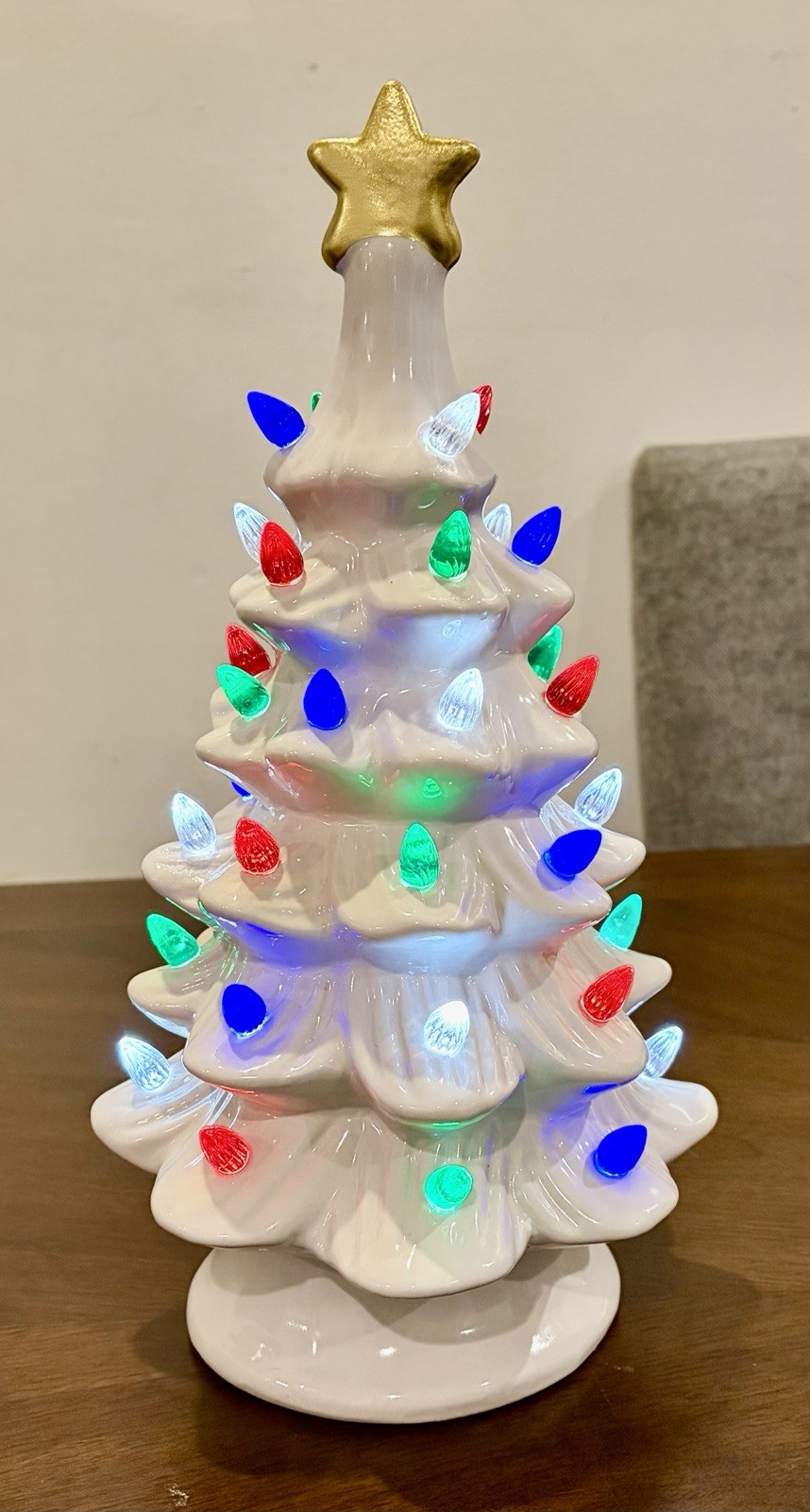 Ceramic White Christmas Tree w Flame Lights and Gold Star   14\