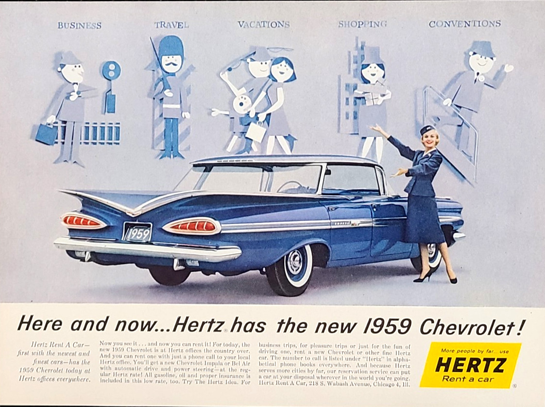 Chevy Impala Original 1959 Vintage Print Ad Hertz Rent a Car Wall Art