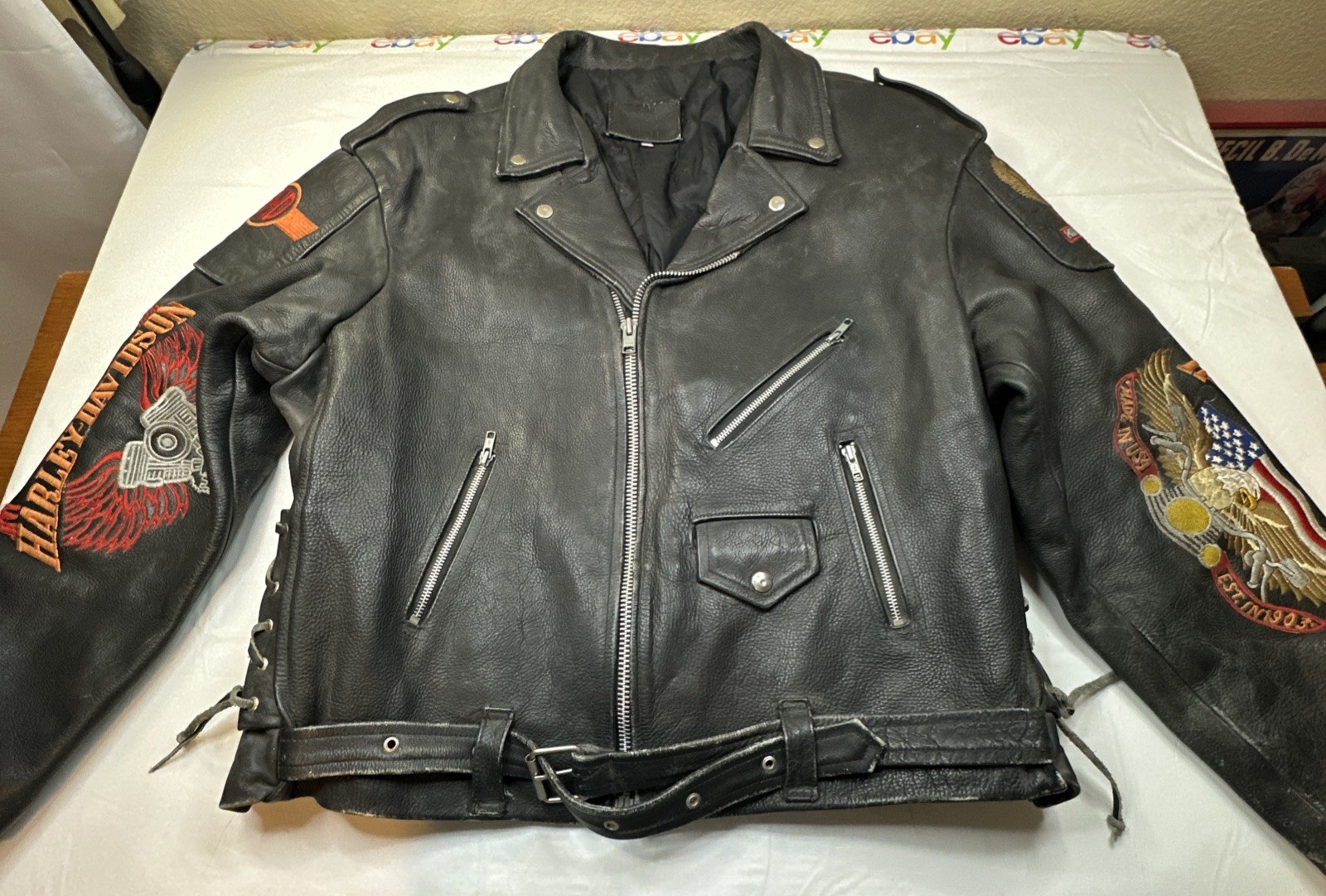 Vintage Harley Davidson Leather Jacket Embroidery Biker Black Sz- 48