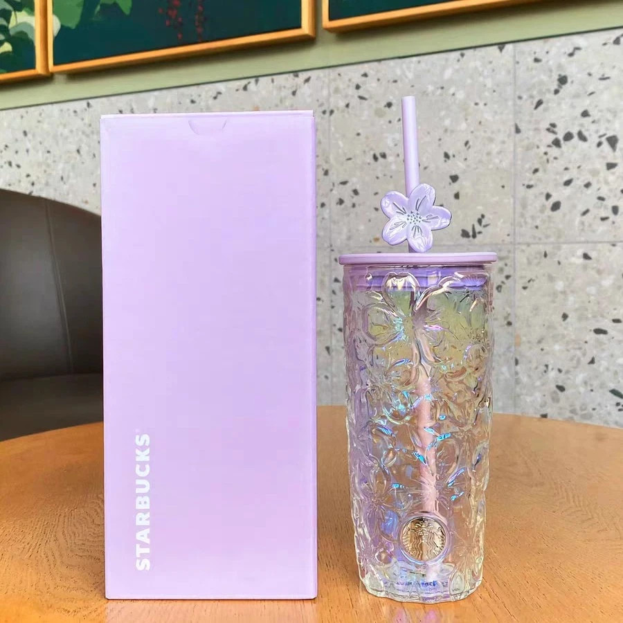 2026 Starbucks Twilight Sakura Glass Tumbler 19oz with Purple Lid & Straw Topper
