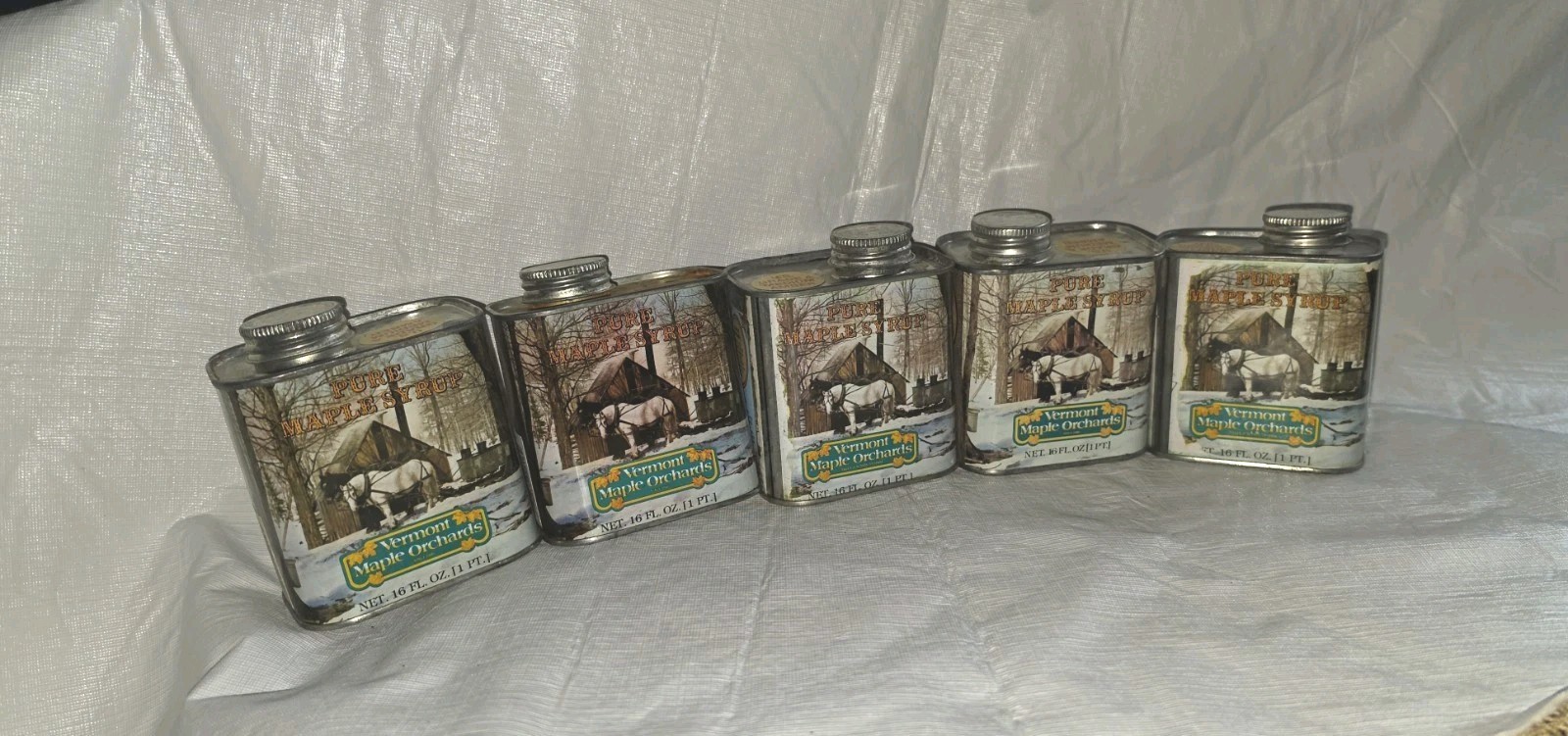 5 Vintage Vermont Pure Maple Syrup Metal Tin Can 16 oz Quart Graphic Advertising