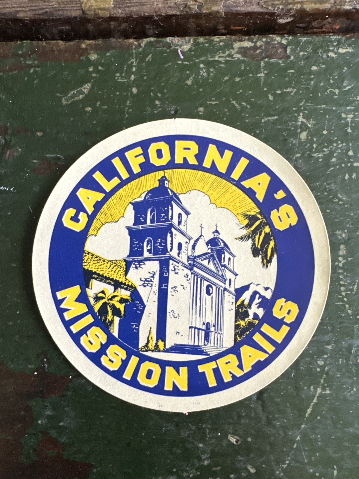 Vintage c1950s Decal California's Mission Trails Church Palm Trees 3.5