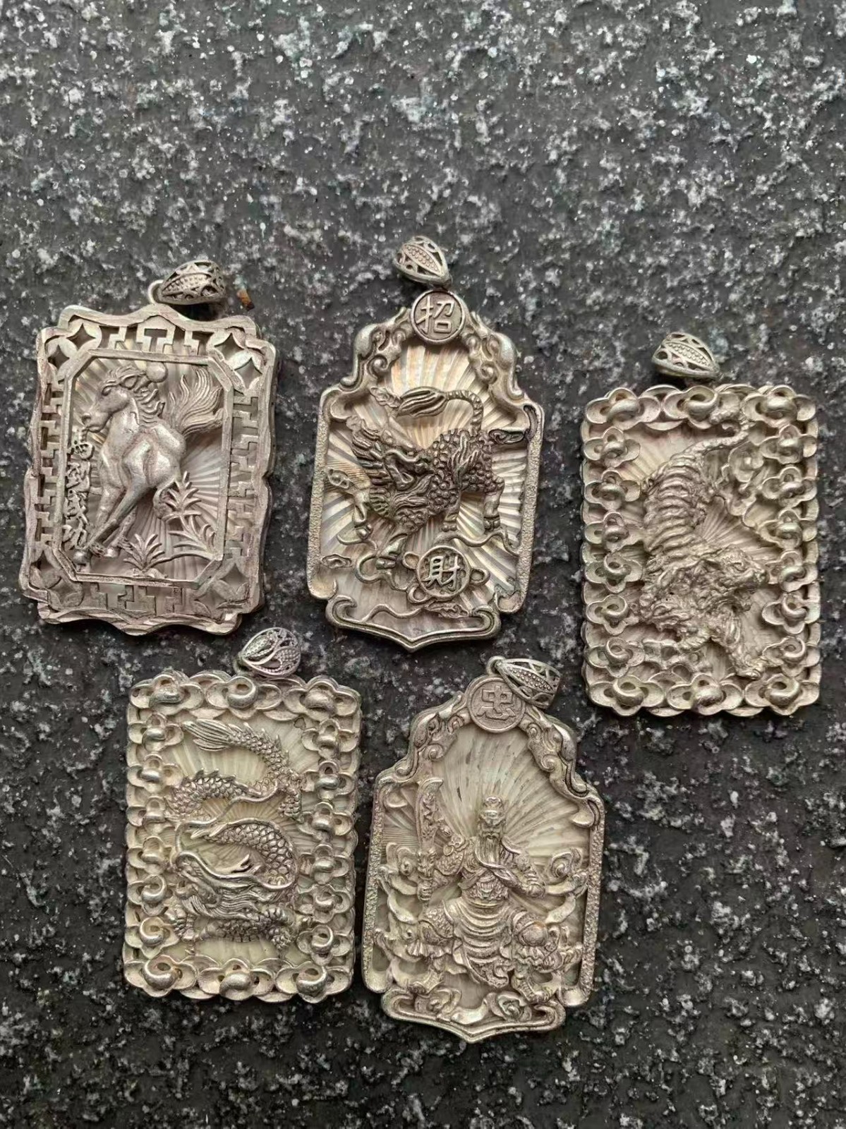 5Pcs Fine Hand Made Chinese Silver 平安/福 Hollowing Pendants 