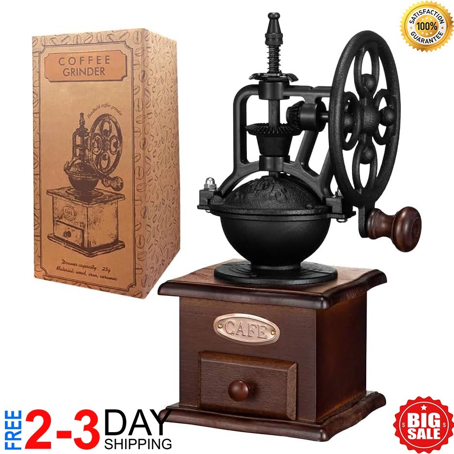 Antique Vintage Manual Coffee Grinder Hand Crank Wooden Coffee Bean Grinder Mill