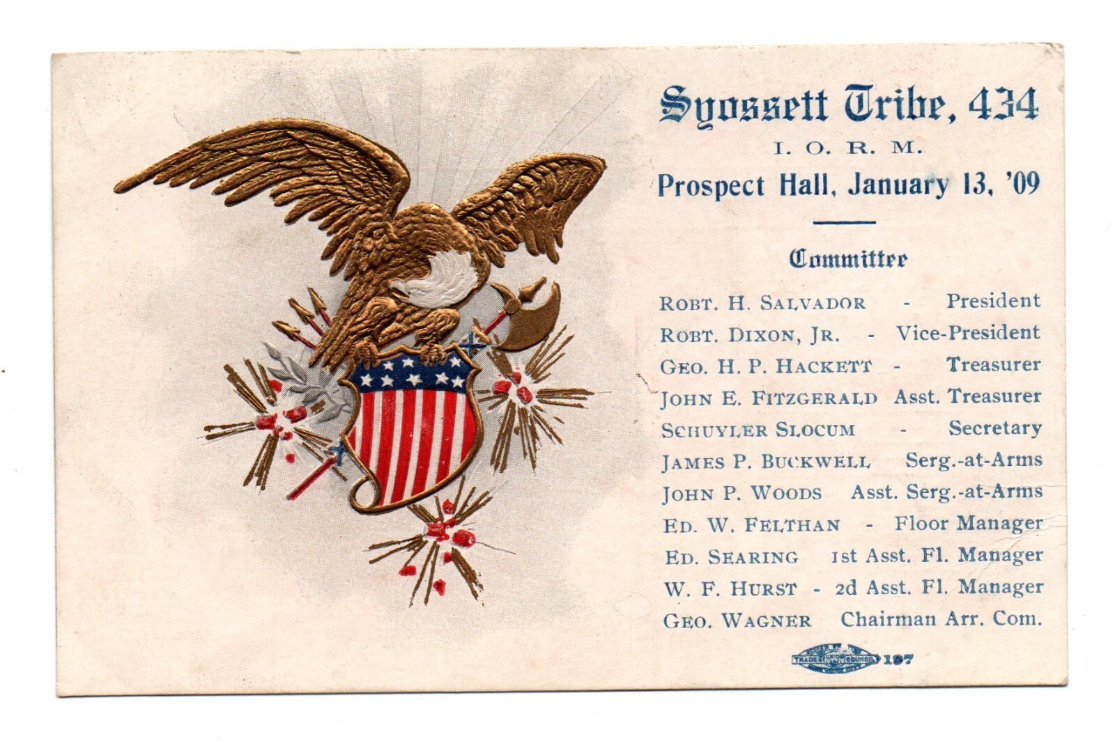 Imp\'d O.R.M. Order of Redmen Post Card Suossett Tribe 1909 Embossed Patriotic