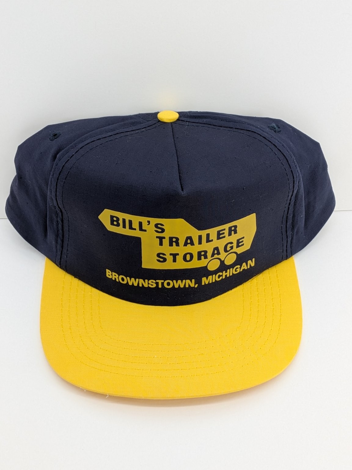 Vintage Bill\'s Trailer Storage Brownstown Michigan Snapback Hat Cap Navy Yellow