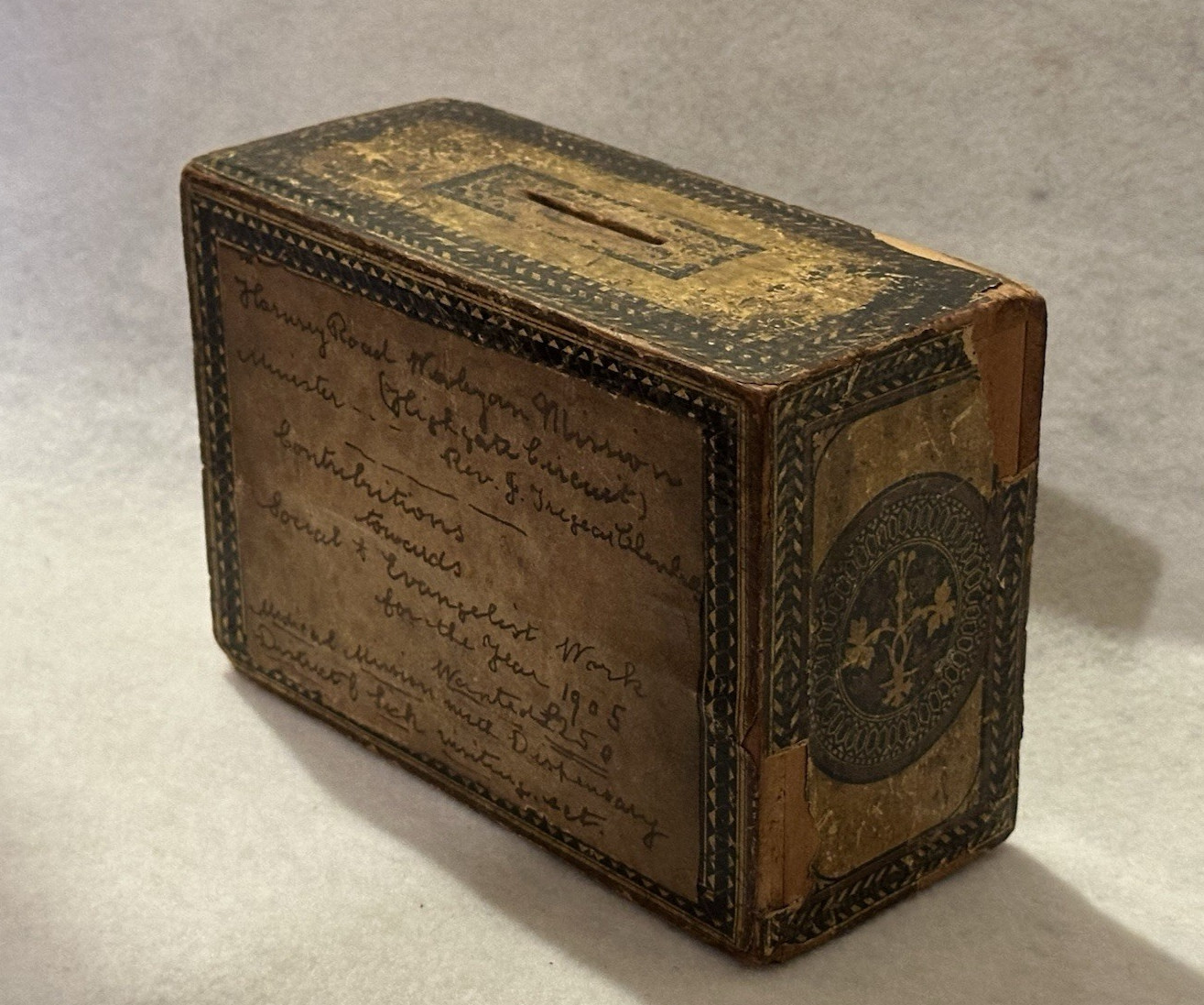 1878 Wood Church Collection Box for Missions Applied Paper w Handwritten Details