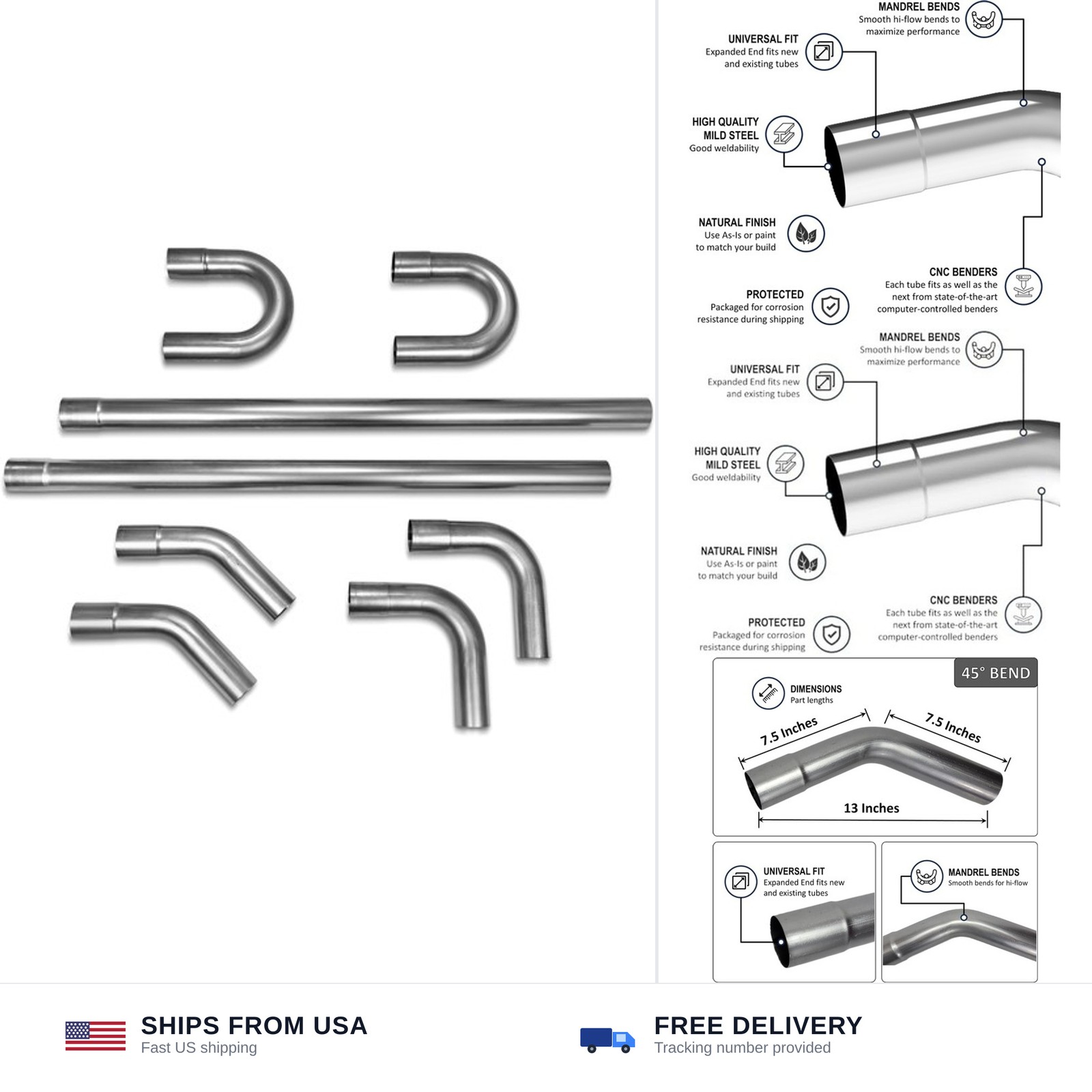 2.5 Exhaust Pipe Kit Mild Steel Mandrel 45 90 Straight U-Bend Tube 8Pcs 2 1/2...