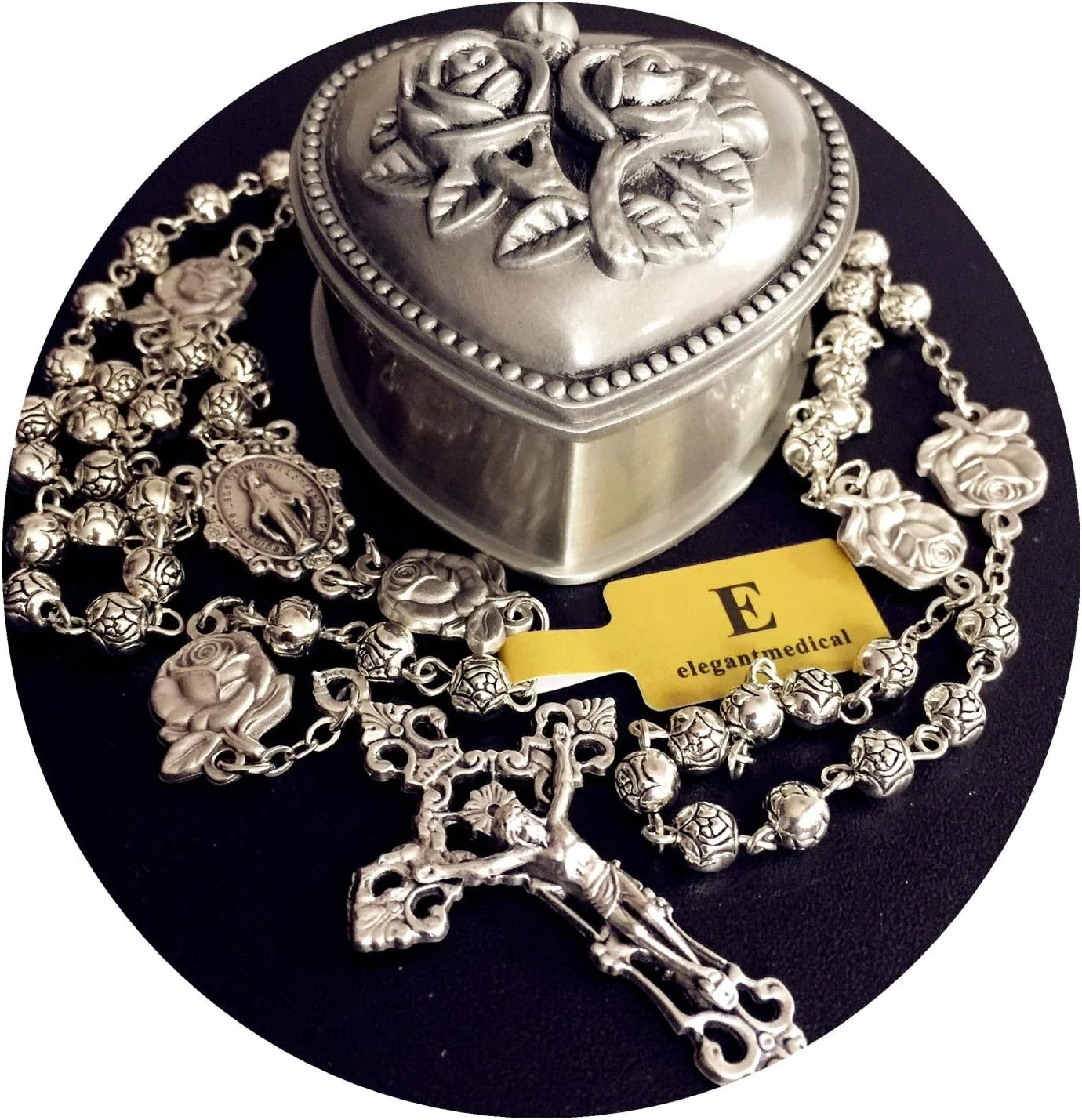 HANDMADE 925 Silver Rose Beads Catholic 5-Decade Rosary with Cross Gift Box Ital