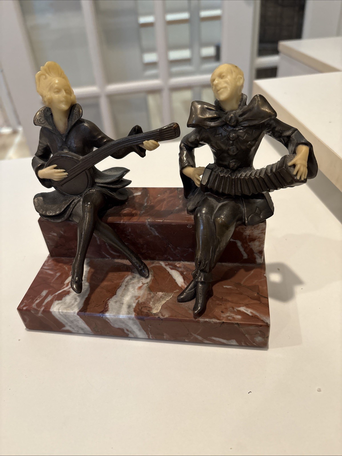 Antique Art Deco German Spelter Musician Figurine Pierrot Marble Base - AS IS