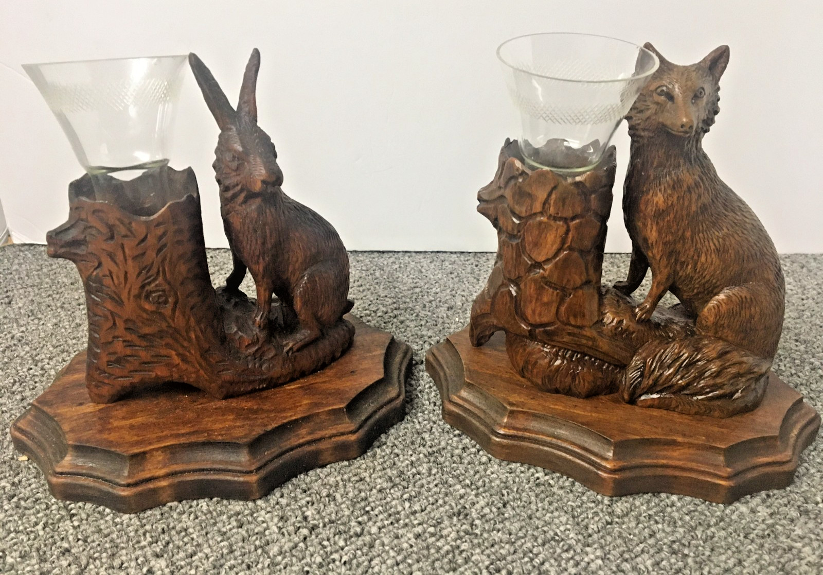 ANTIQUE BLACK FOREST SWISS WOOD CARVED PAIR FOX-RABBIT W/ EPERGNE-GLASS VASES