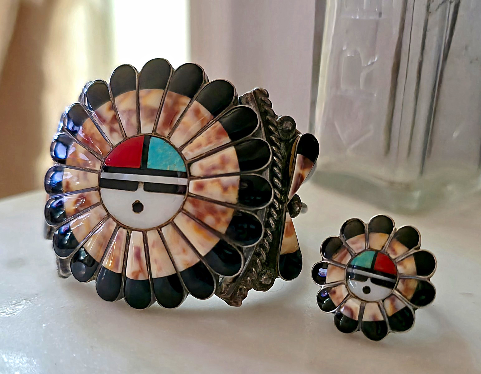 Vintage Morris Laahty Zuni Sunface Bracelet and Ring Set (Ring Size 6.5)