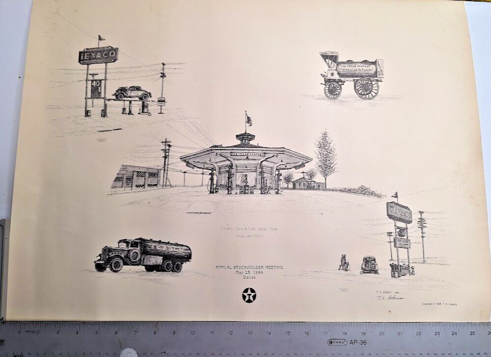 1920-1940 HISTORICAL TEXACO COLLECTIBLE PRINT, T.D.ADAMS 1984, PEN&INK, 26x20\