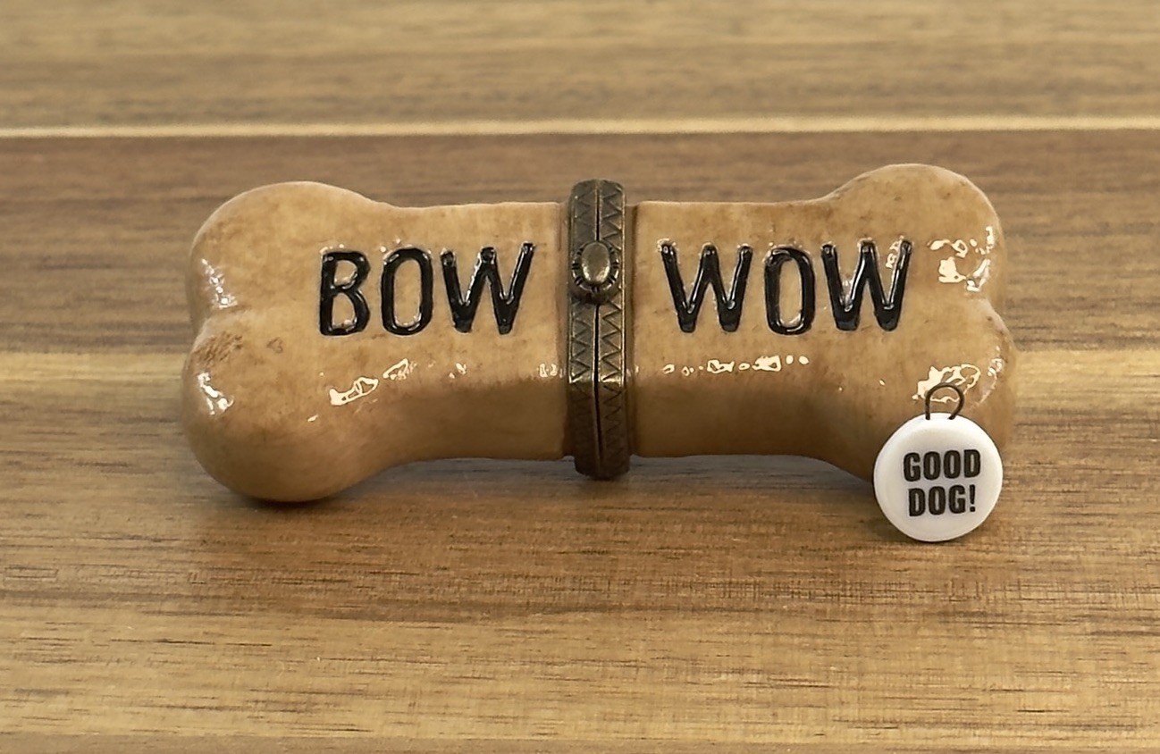 PHB Porcelain Hinged Trinket Box Bow Wow Dog Bone With Good Dog Tag