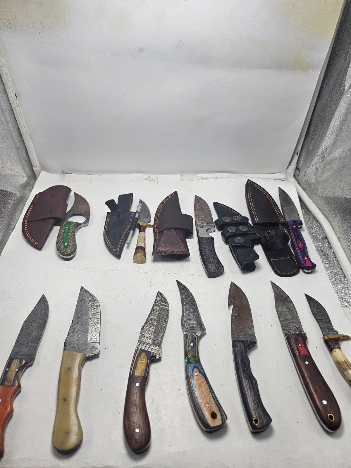Lot of 11 Fixed Blade Damascus Knives Some New, Some Used