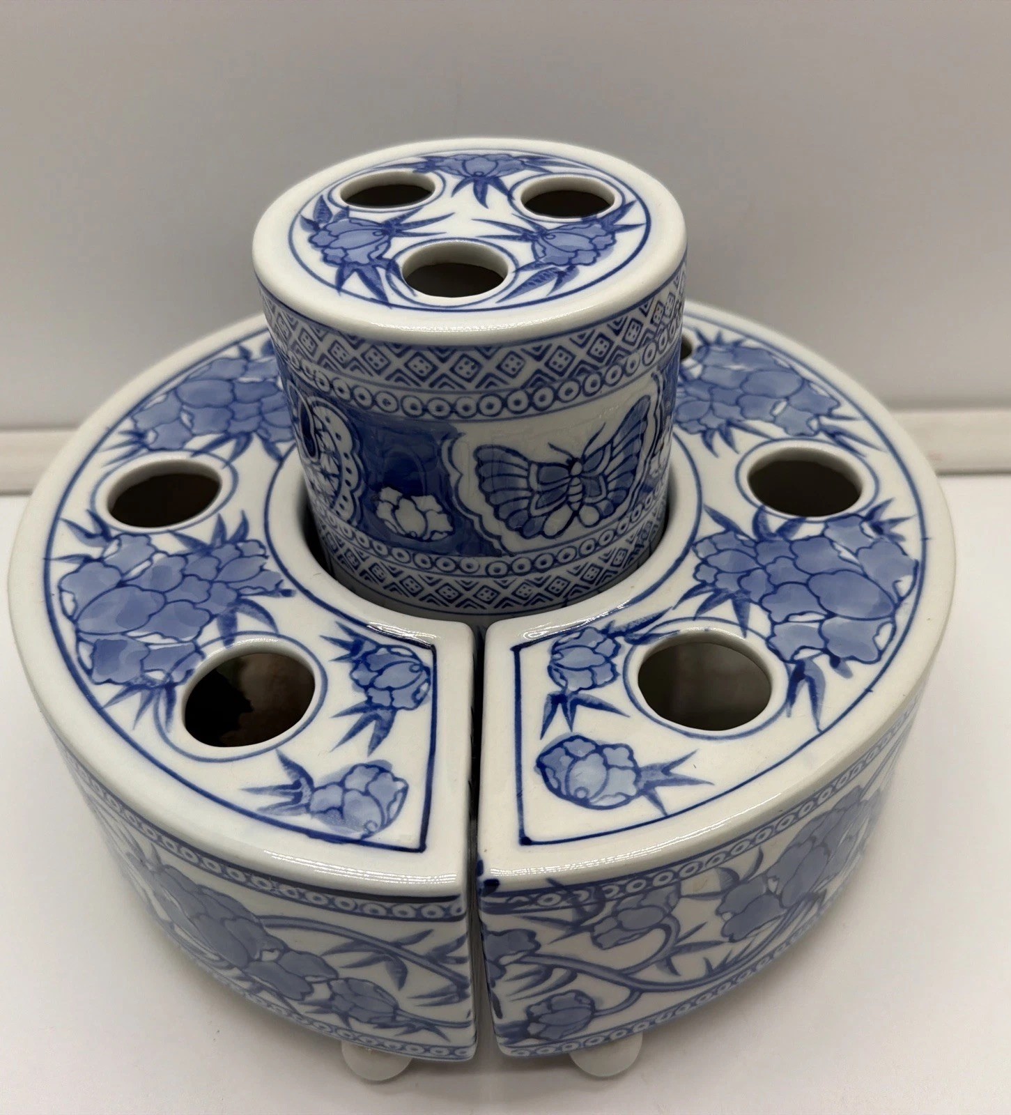 RARE Vintage Blue White flower frog arrangement set chinoiserie porcelain