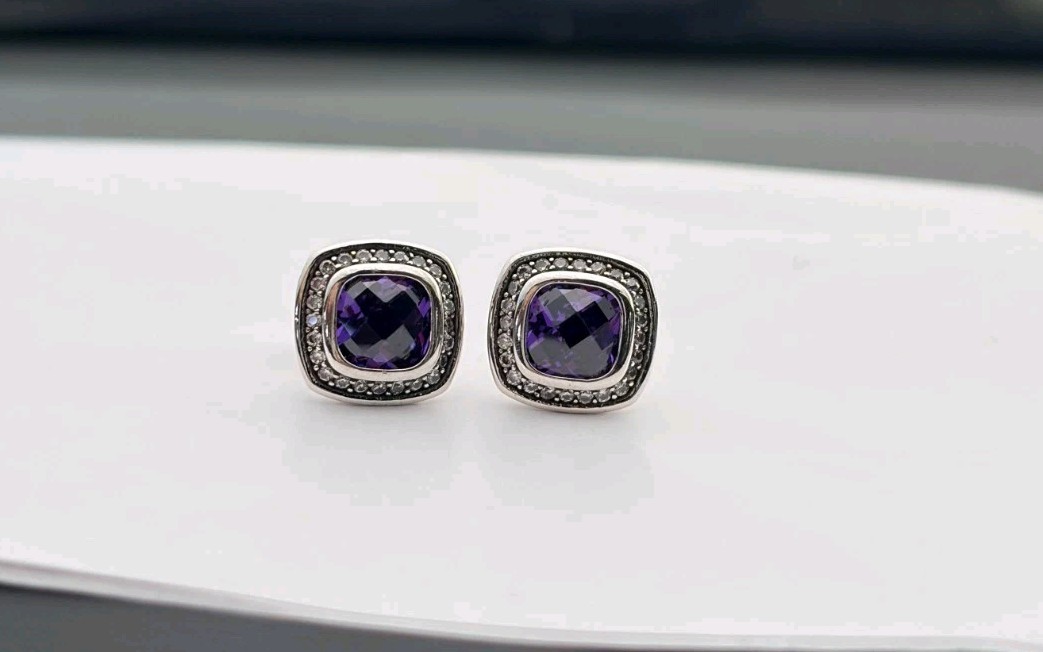 David\'Yurman 925 Sterling Silver stud earrings Purple Amethyst pavé bezel