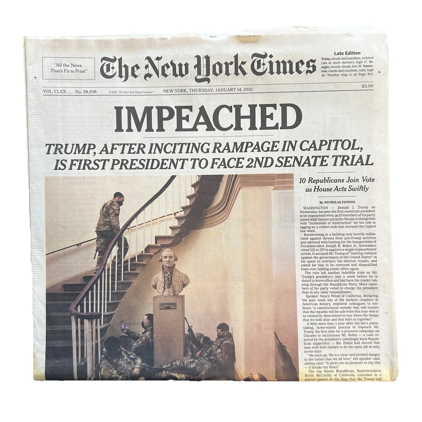 January 14 2021 New York Times - Trump Impeached For A Second Time
