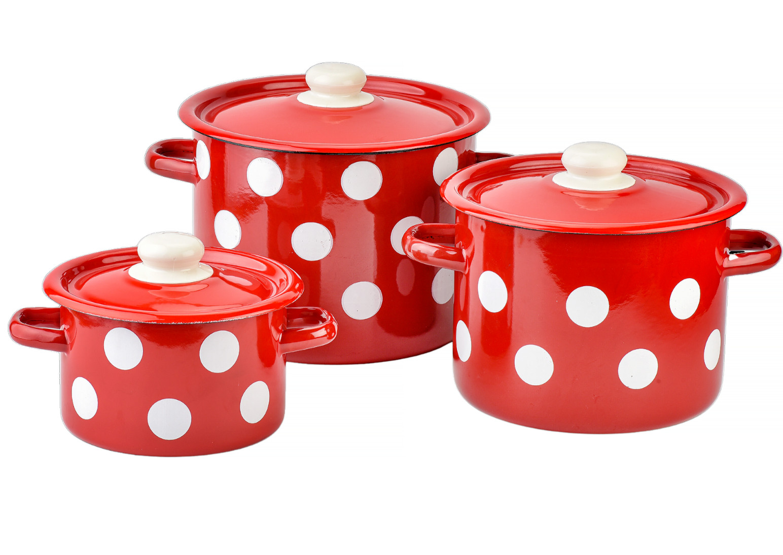 Novomoskovsk Red Polka Dot Enamel Stockpot Set Vintage Cooking Pot SET OF 3