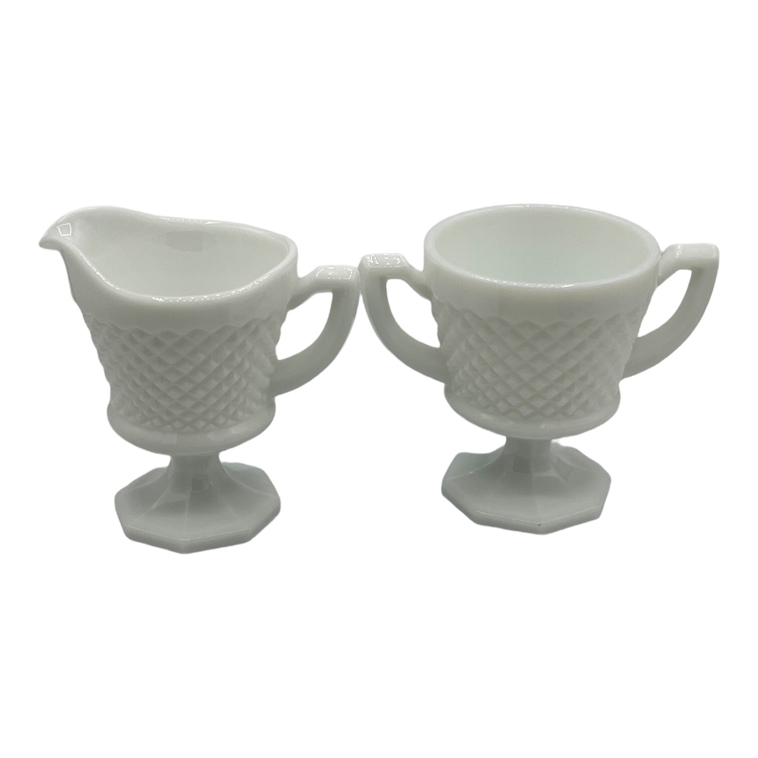 Westmoreland White Milk Glass Creamer Sugar Set English Diamond Hobnail Pedestal