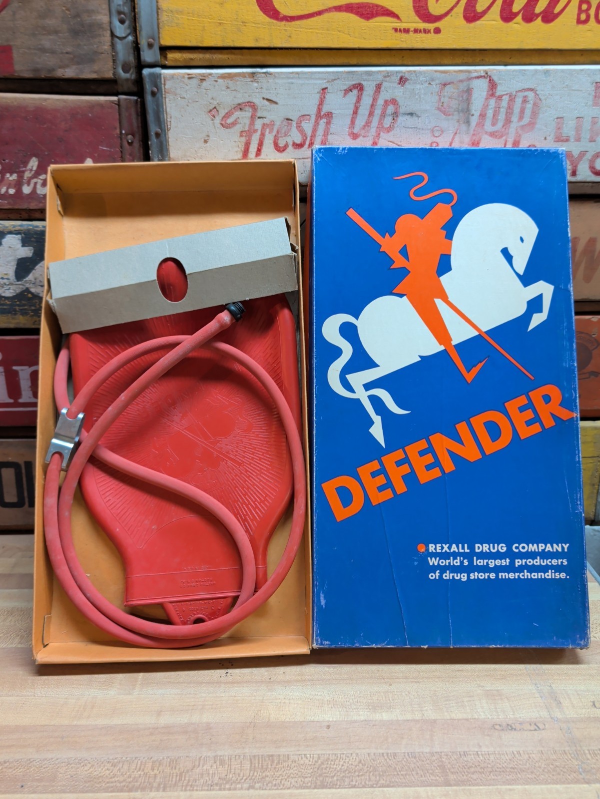 Vintage Rexall Drug Company Defender Two Qt Red Hot Water Bottle in Original Box