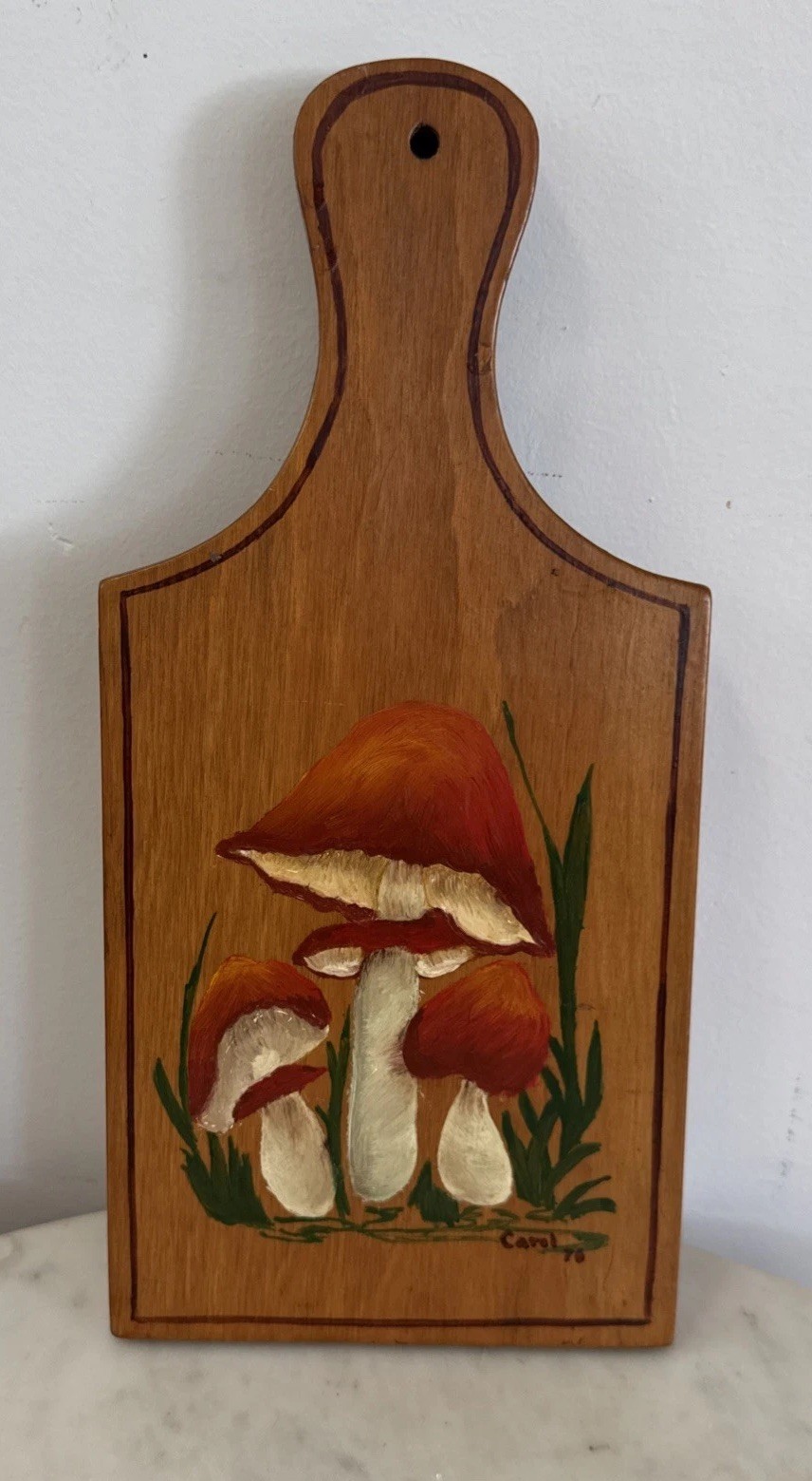VTG Wood Bread Cutting Board Hand Painted Mushrooms Folk Art Signed Carol 1976