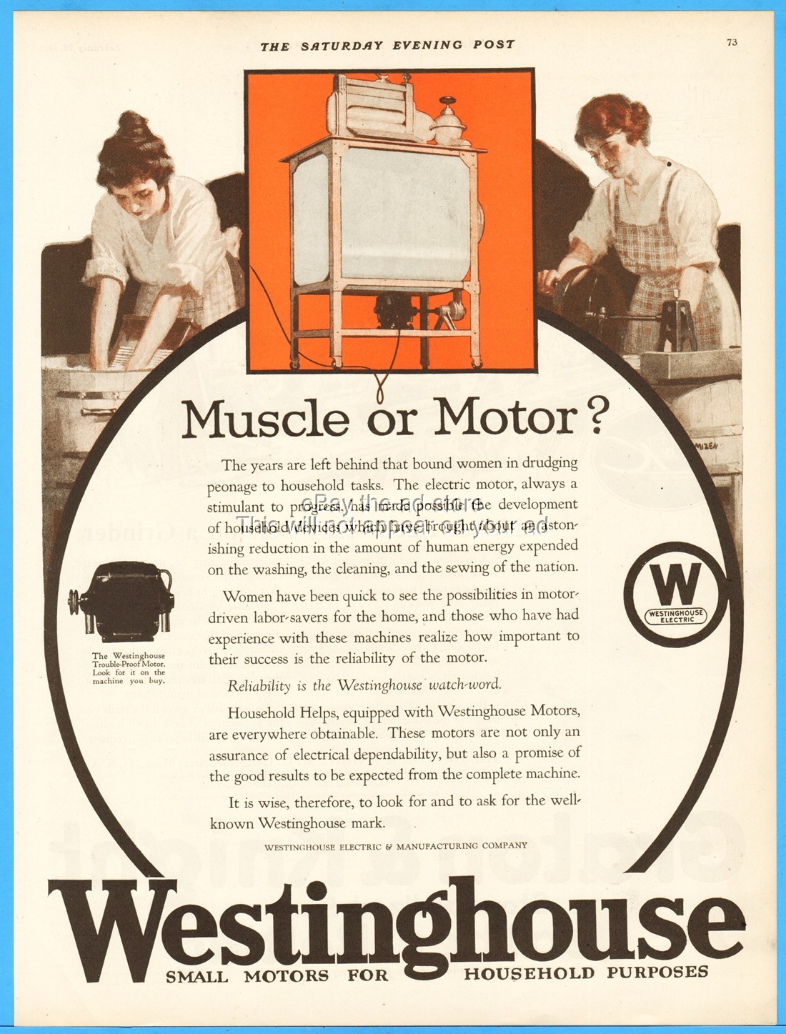 1921 Westinghouse Electric Muscle or Motor Wringer Washer Laundry Room Décor Ad