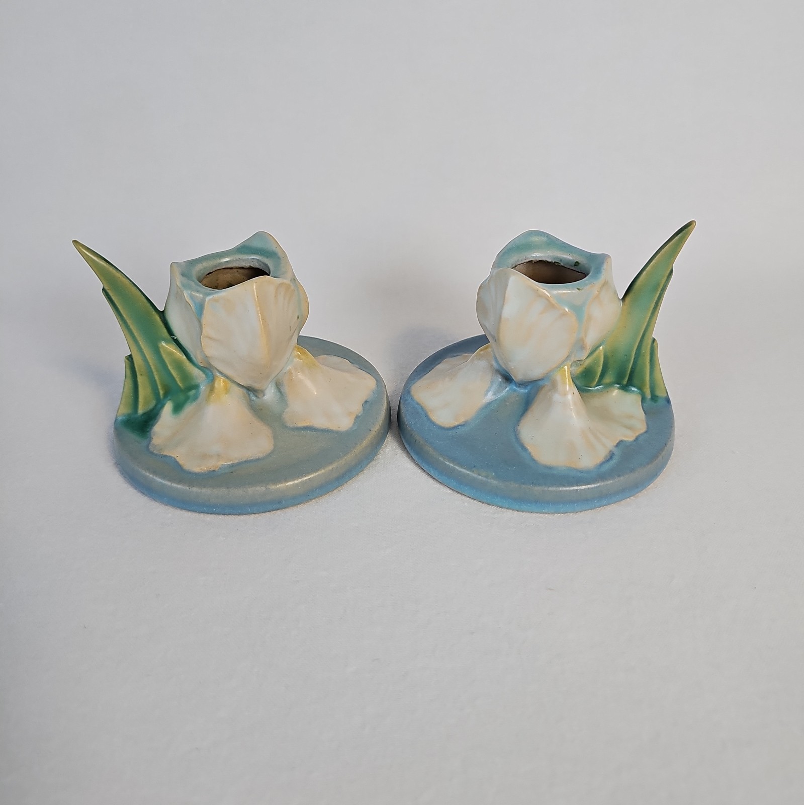Vintage Roseville Iris 1939 Art Deco Pottery Ceramic Candle Holder Set Of 2 Vintage Roseville Iris 1939 Art Deco Pottery Ceramic Candle Holder Set Of 2