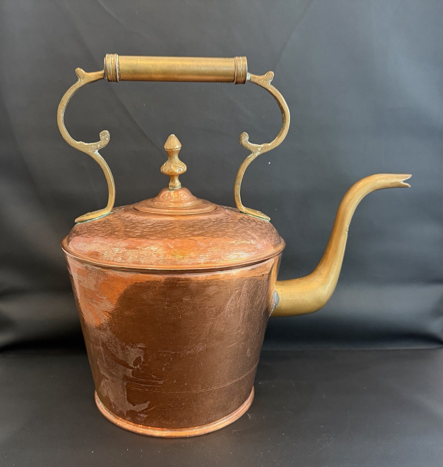 Vintage Heavy Gooseneck Copper Tea Kettle w/Brass Handle, Spout & Finial on Lid