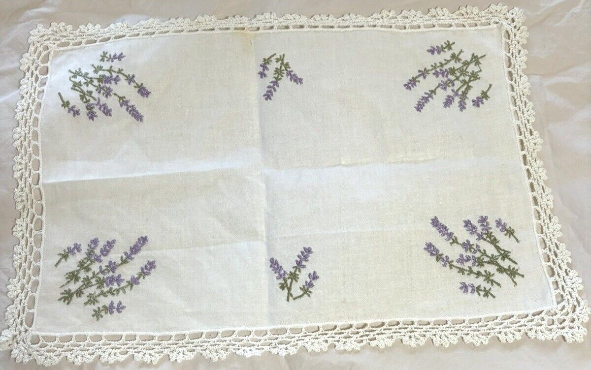 Vtg Hand Embroidered Dresser Scarves Runner Lavendar Flower Placemat Doily