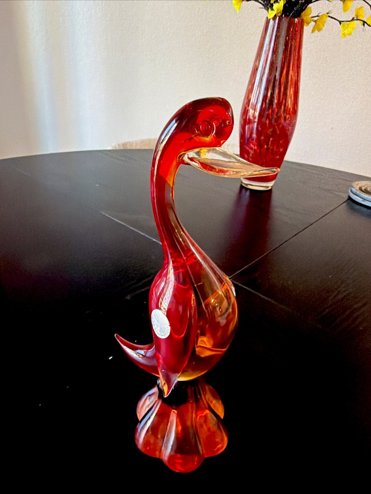 Murano Long Neck Duck Goose Clear Crystal Art Glass  Figurine Original Tag Red