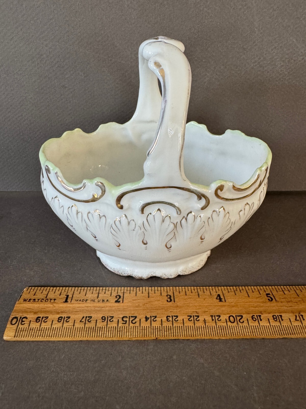 WHITE PORCELAIN GOLD & GREEN TRIM SMALL HANDLED CERAMIC TRINKET BASKET VINTAGE