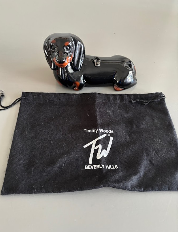 Signed Timmy Woods Hand Carved Acacia Wood Dachshund Doxie Dog Handbag Purse