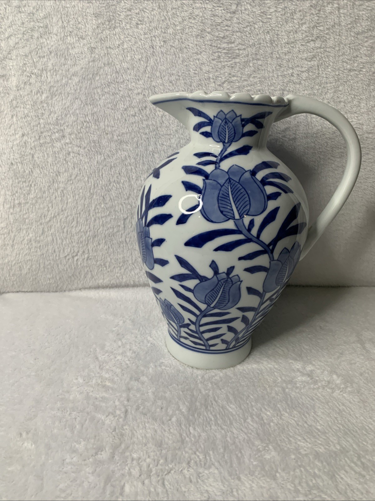 Vintage Blue White Porcelain Floral Ewer Pitcher Scalloped Rim 12” Chinoiserie