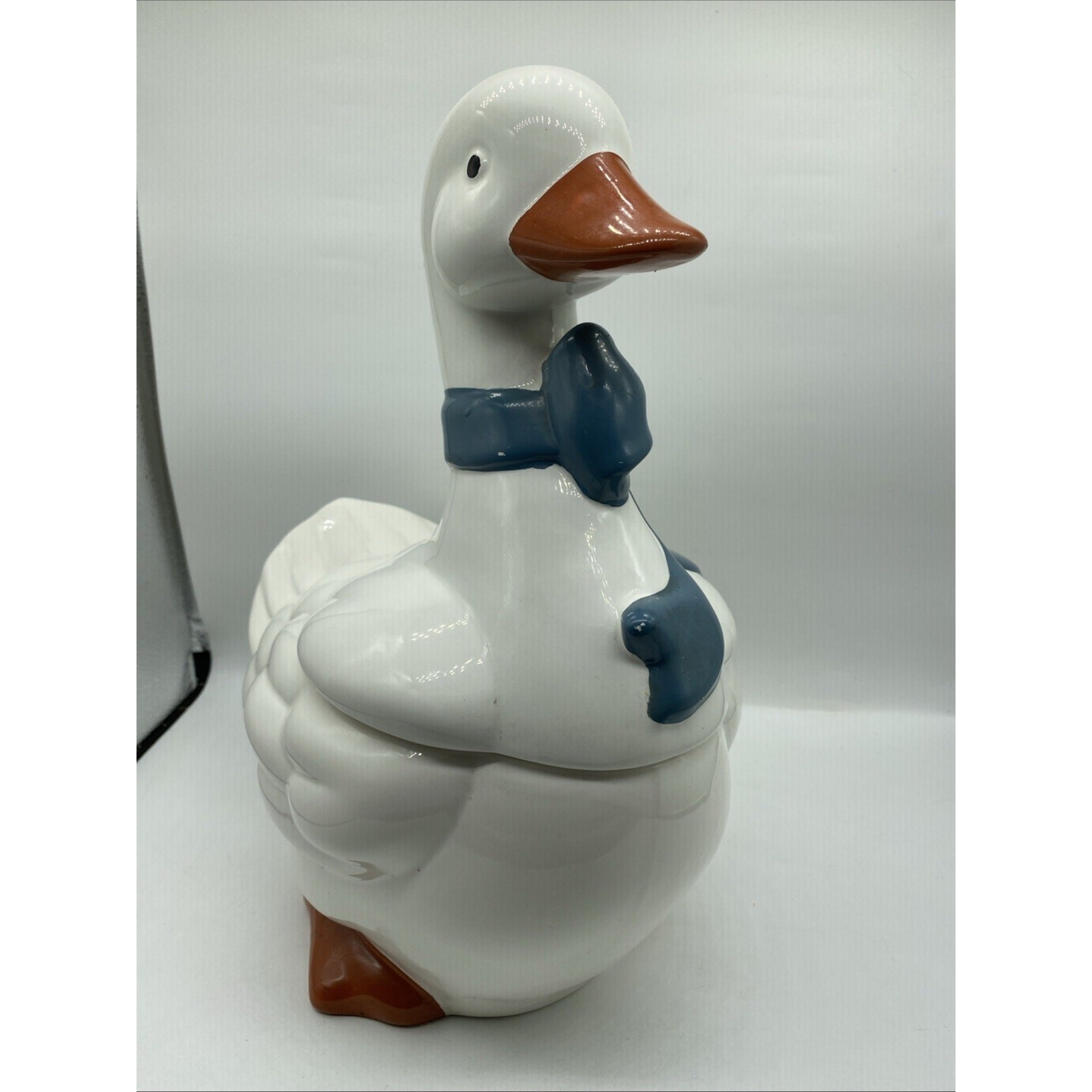 Vintage Ceramic Goose Cookie Jar White Blue Bow 13