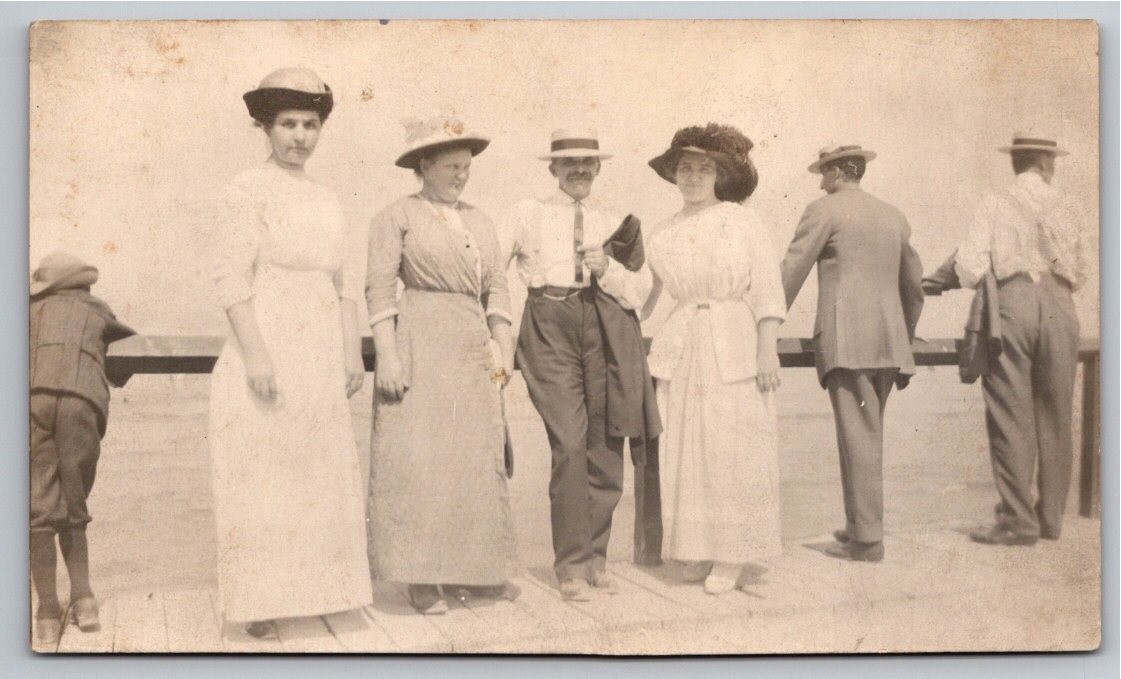 c1908 Edwardian Boardwalk Pier Fashion Family Group Vintage Sepia RPPC Postcard