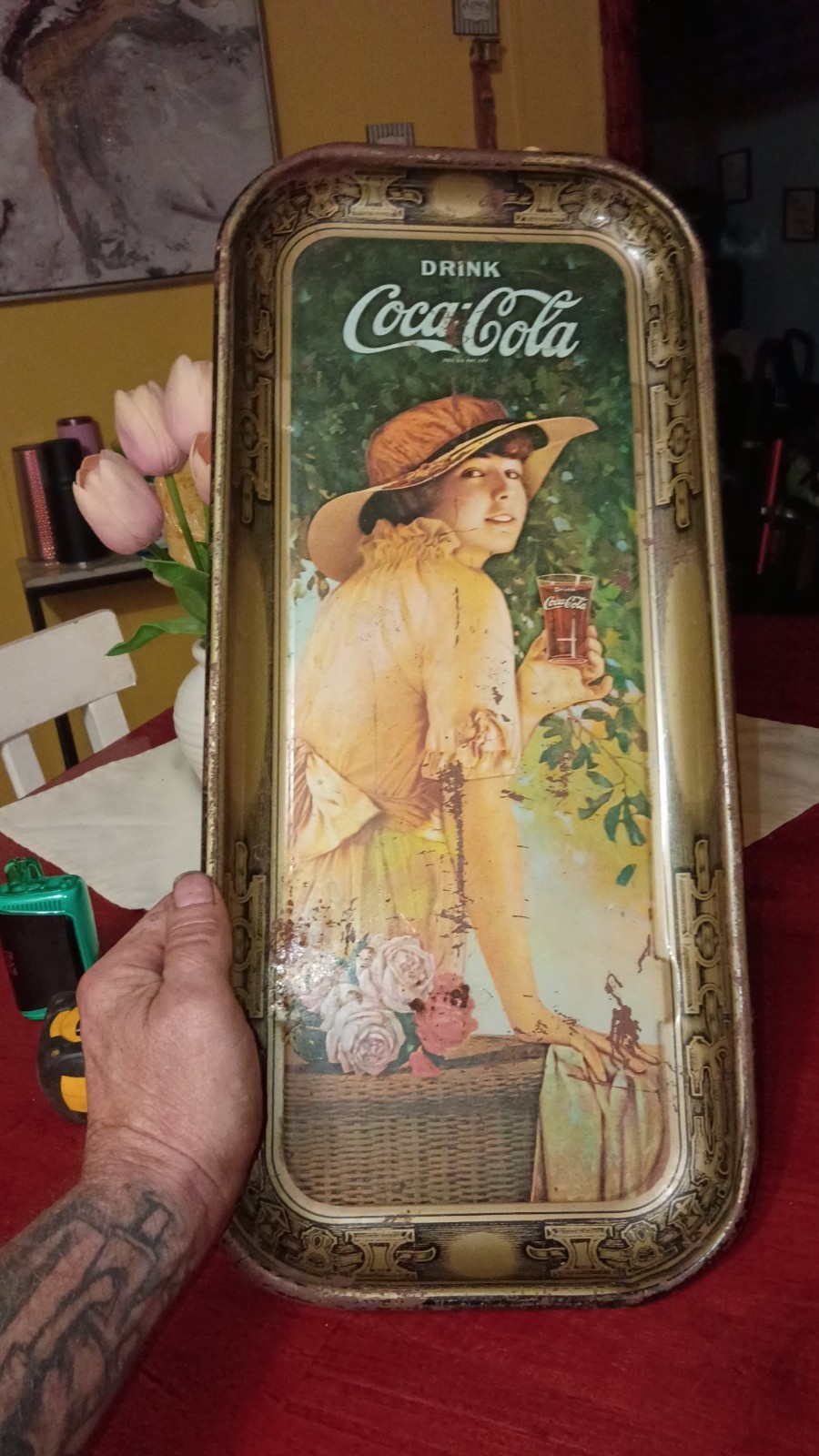 Vintage Coca-Cola Tin Serving Tray Drink Coca-Cola Girl Sunhat Artwork