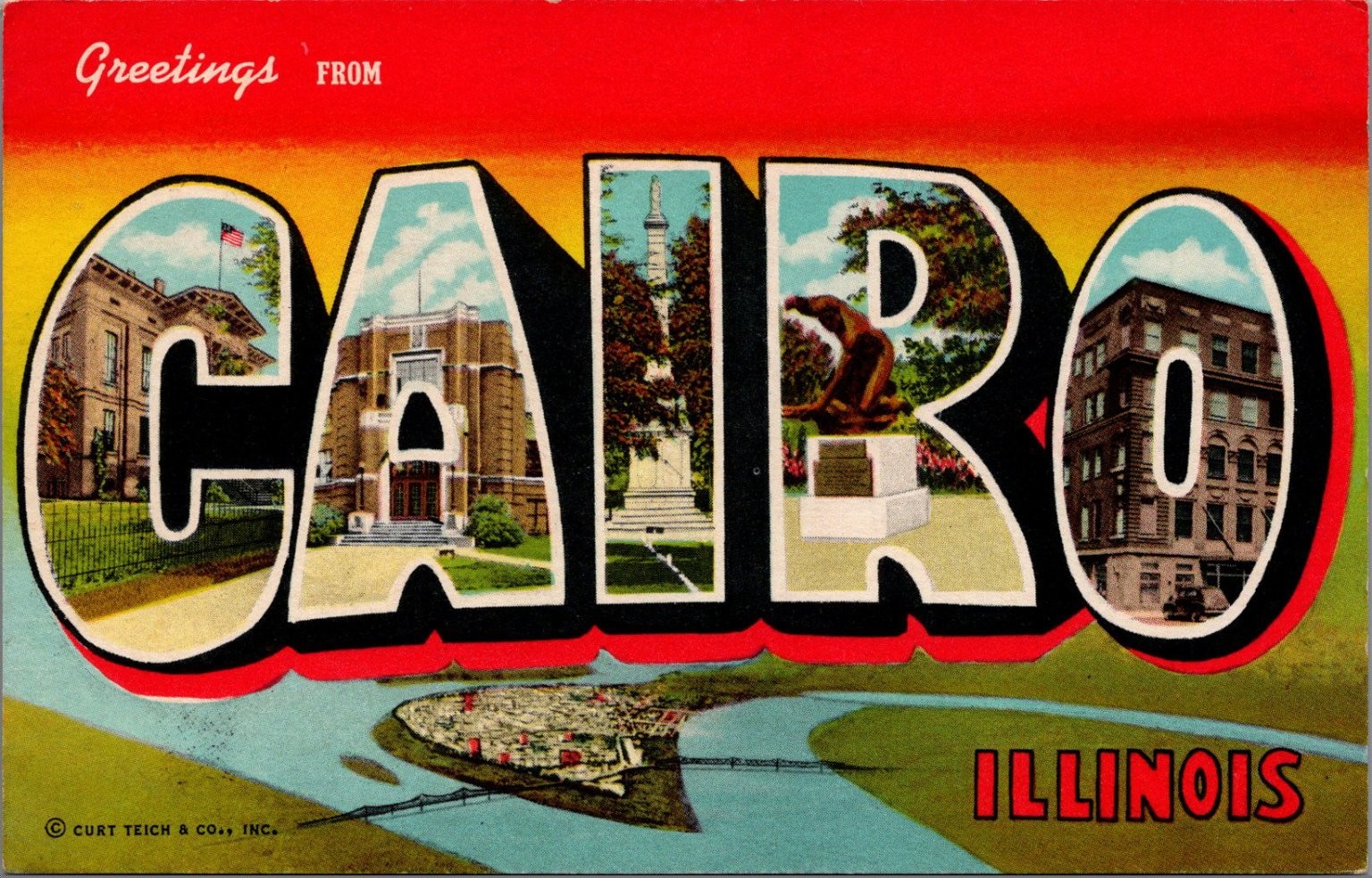 Vintage 1939 Cairo Illinois Large Letter Multi-View Linen Postcard CT Art