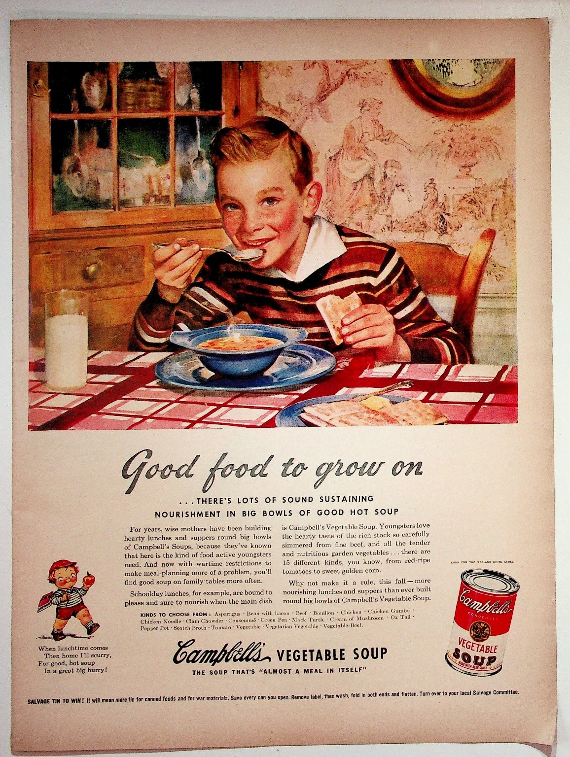 Campbell's Vintage Magazine Ad Boy Eating Soup WWII Era 1940s Food Collectible
