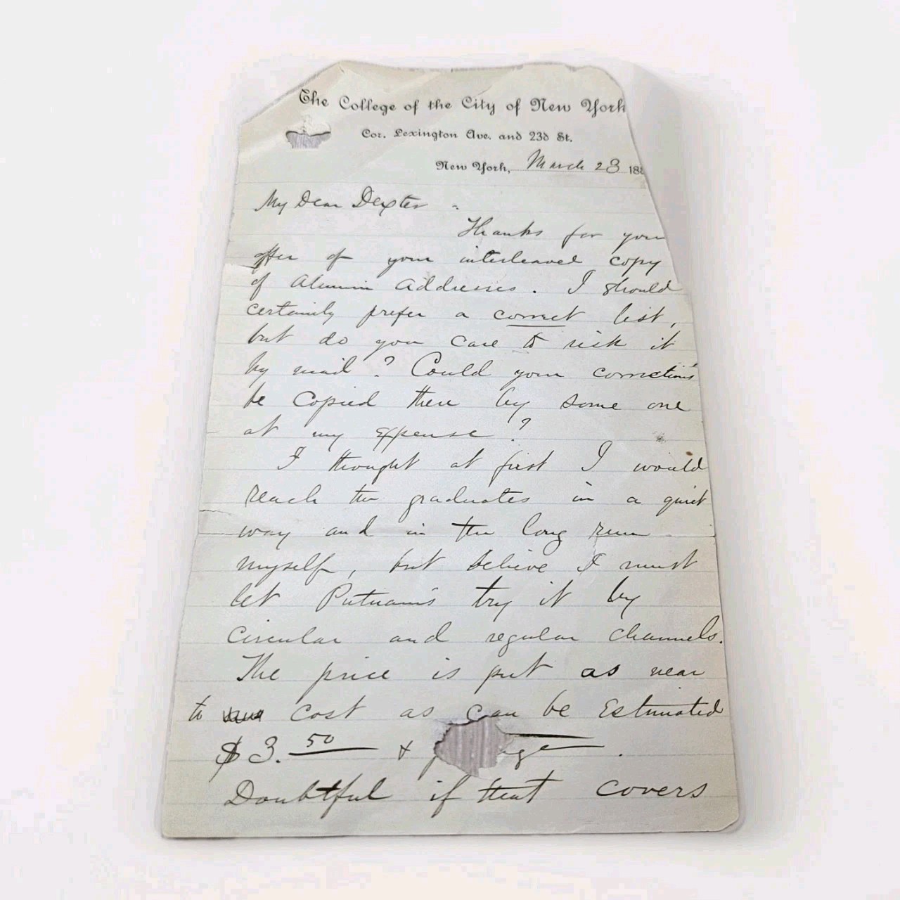 Antique CCNY Letter College of New York Alumni Address List c1880s
