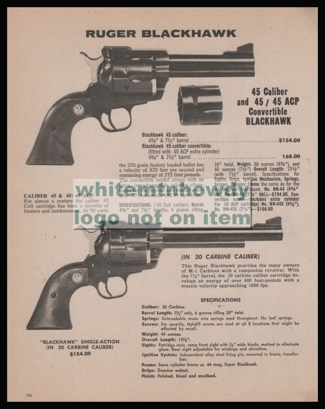 1979 RUGER Blackhawk Convertible and .30 Carbine Revolver Original PRINT AD