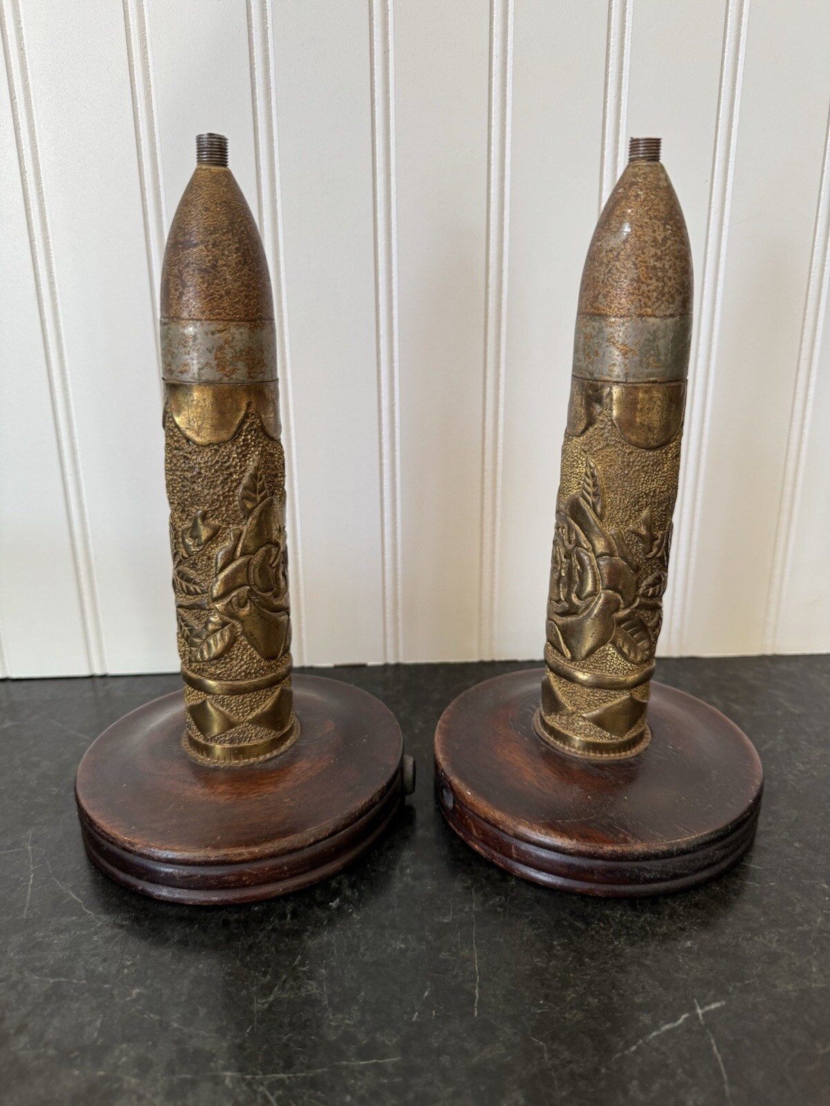 Vintage Pair Of Hand Tooled Trench Art Shell Art Lamps Unwired