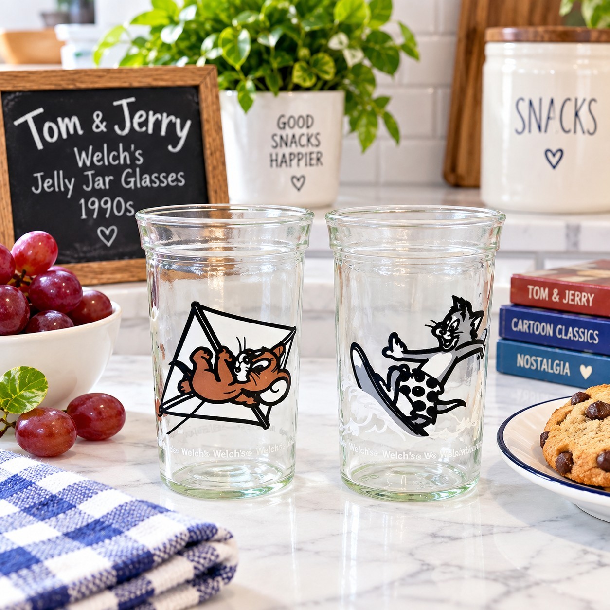 Vintage 1990s Tom & Jerry Welch’s Jelly Jar Glasses Set of 2 Cartoon Collectible