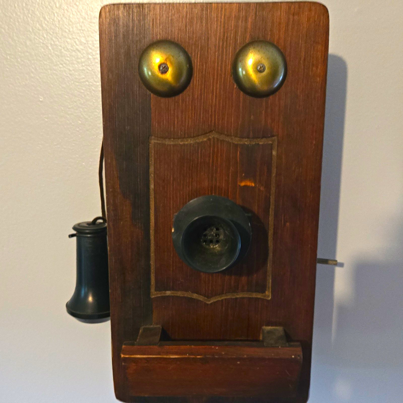 Pre-1940 Vintage Wood Wall-Mount Crank Telephone, Side Receiver, Brass Bells